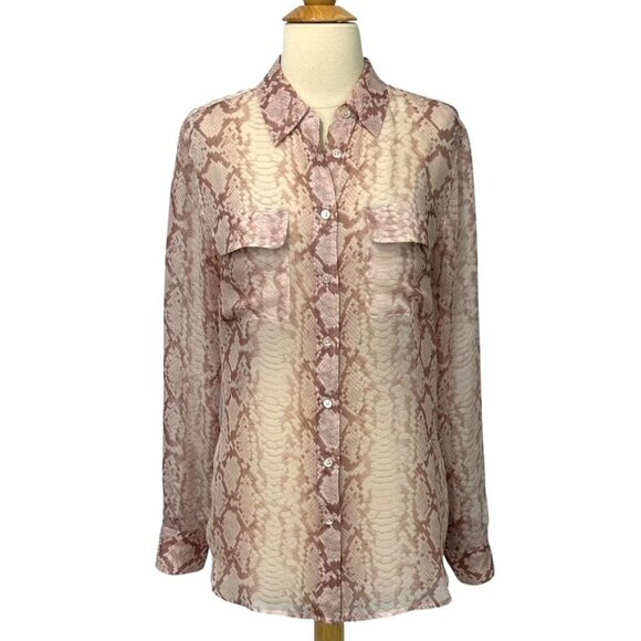 Equipment Tops - Equipment Femme Sheer Snake Print Silk Blouse Mauve Pale Pink Long Sleeve Size M